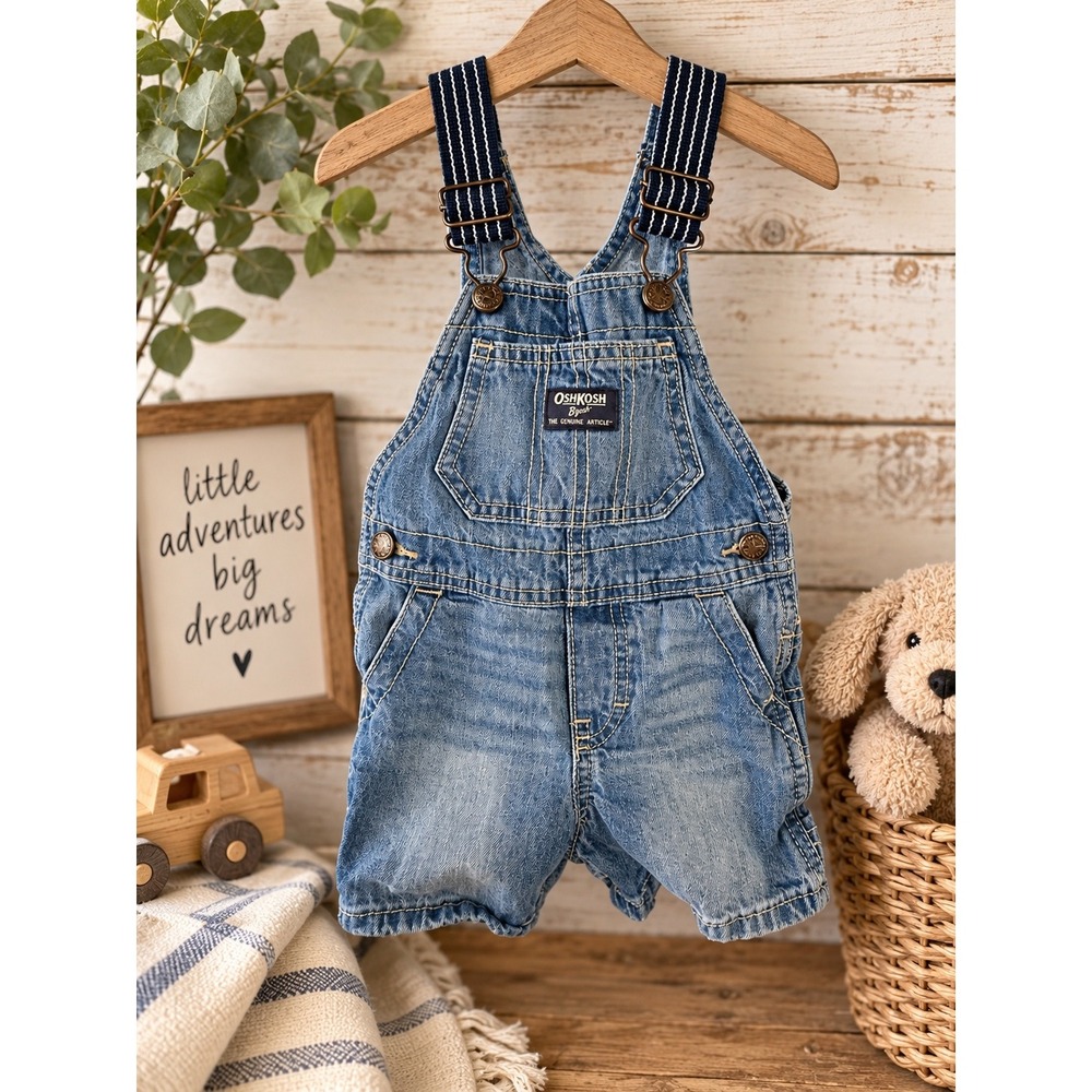 OshKosh B'gosh Vestbak Denim Shortalls 12M Medium Wash Striped Straps